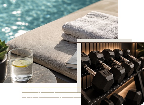 Group 15 (4) A folded towel and a glass of water with lemon sit by a pool. Inset, a rack of black dumbbells in a gym setting.