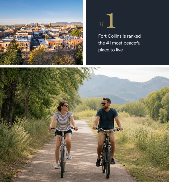 Group 19 Two people ride bikes on a tree-lined path with mountains in the background. Above, text reads: "Fort Collins is ranked the #1 most peaceful place to live," with a cityscape photo.