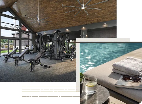 A modern gym with workout equipment and large windows, alongside another image showing a poolside scene with a towel, sunglasses, and a glass of water with lemon on a table.