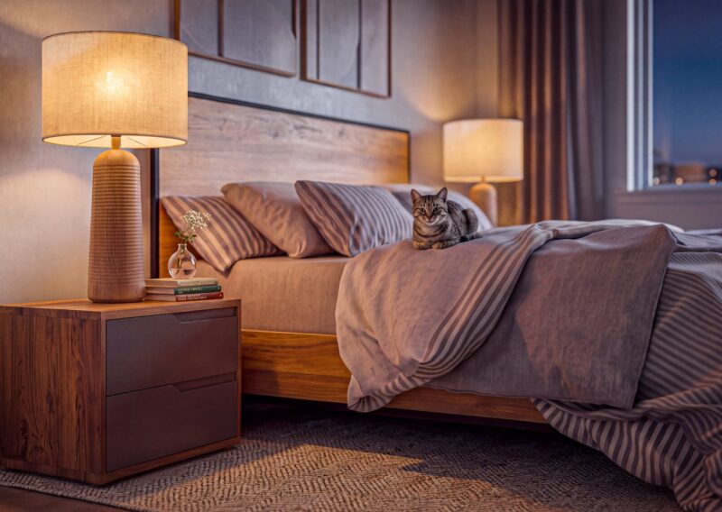 Evening light in the primary bedroom