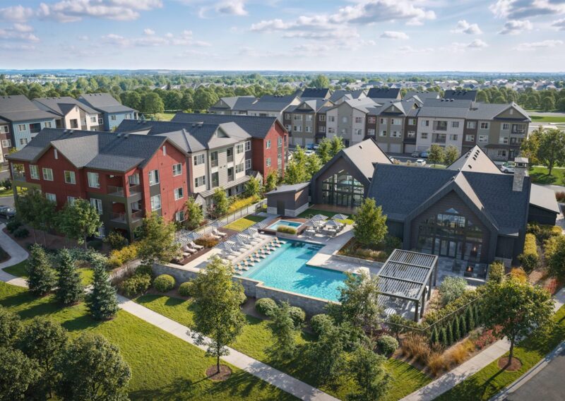 Aerial view of the community, pool deck, and clubhouse