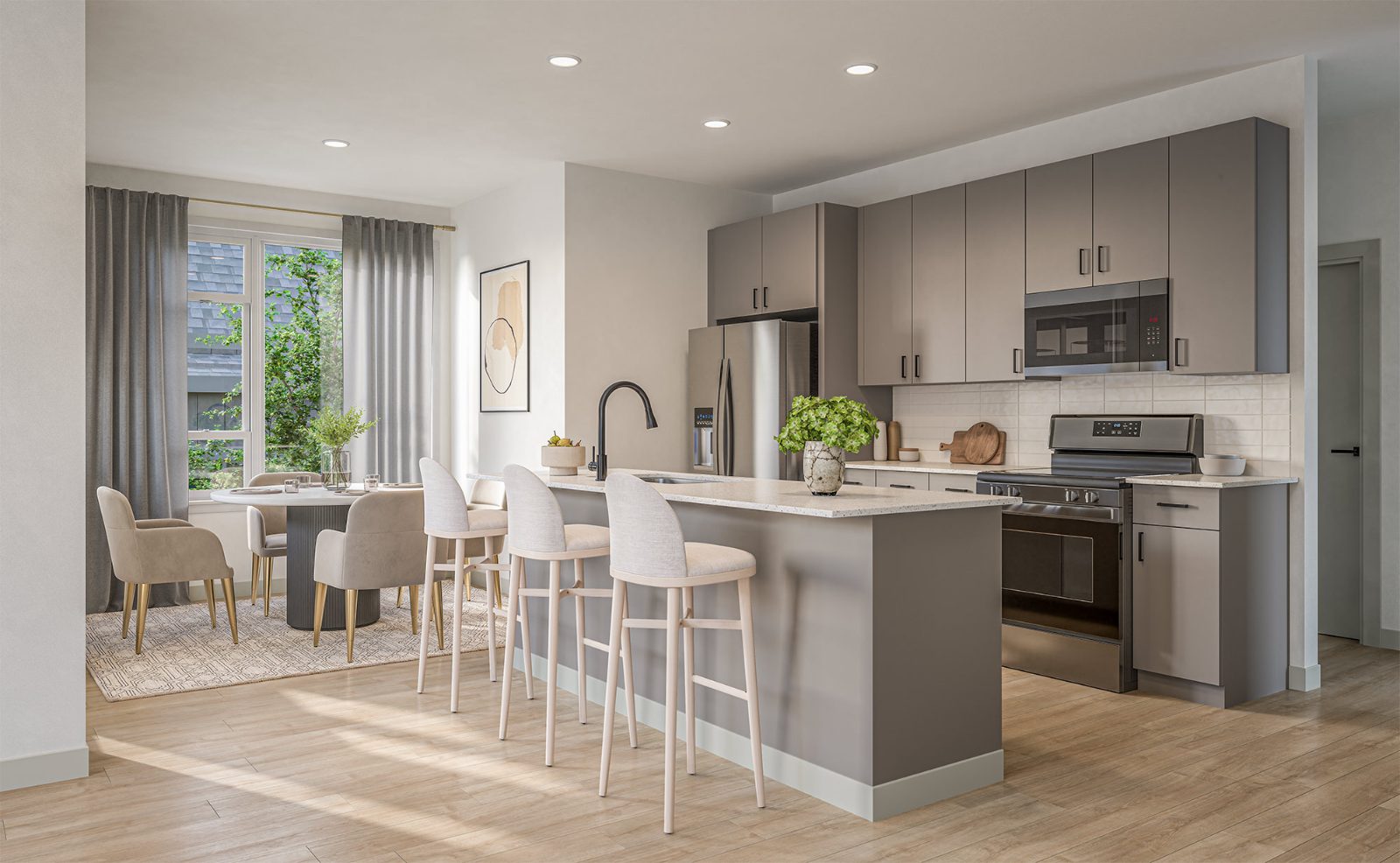 Two-Bedroom Kitchen and Dining Kitchen and dining area in a two-bedroom home at The Flats at Hansen Farm
