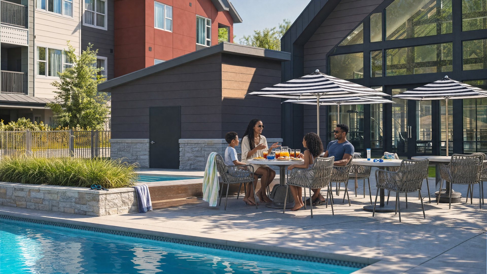 Poolside Dining A family dining poolside on the pool deck