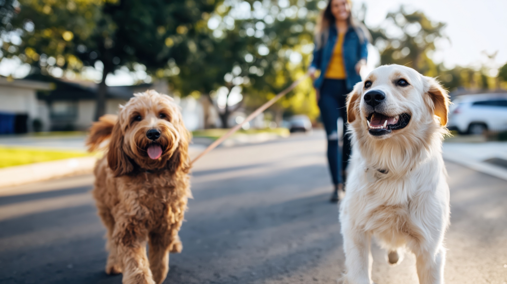 dogs on a walk through the neighborhood